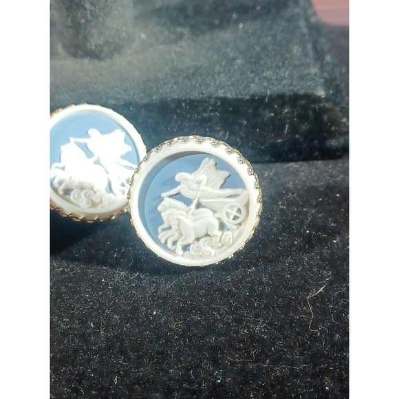 Vintage Cameo Trojan War Cufflinks & Tie clip Blue and White Horses - Picture 2 of 12